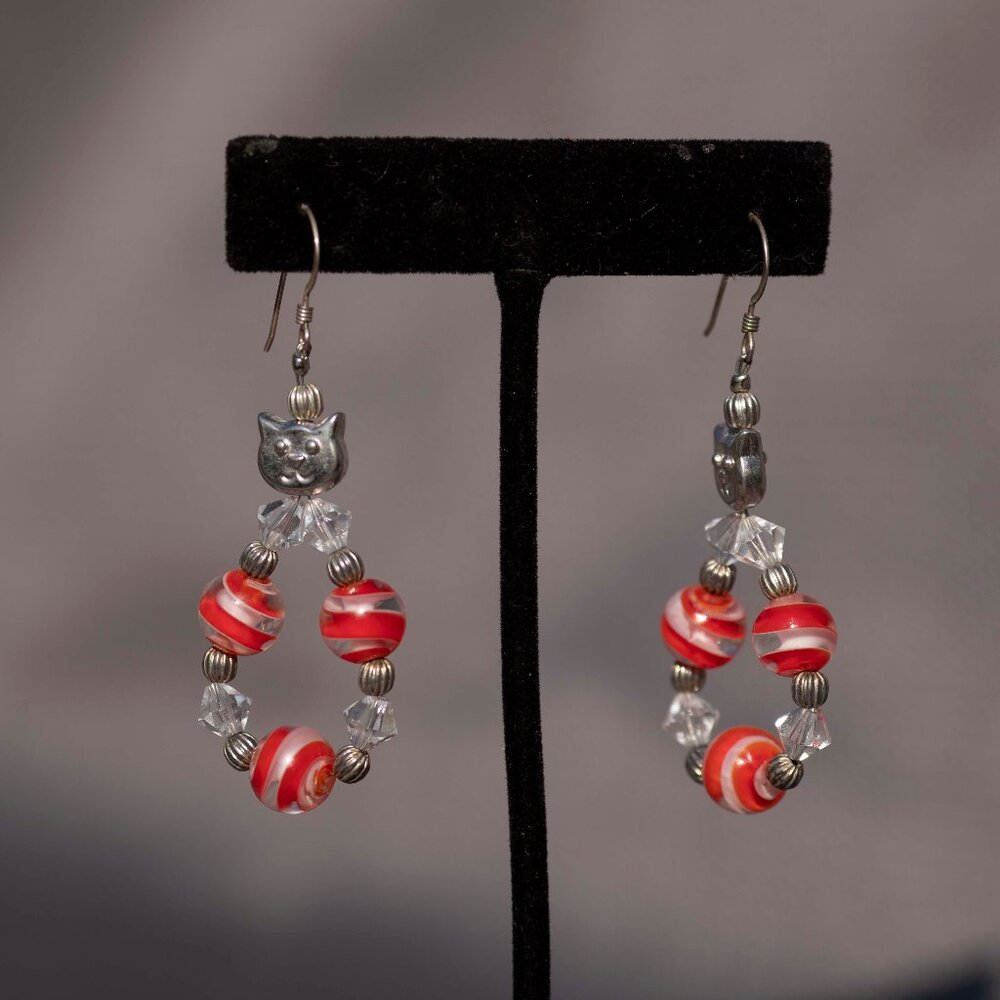 80s Christmas Cat Earrings | Candy Cane Beaded Jewelry | Womens Holiday Fashion